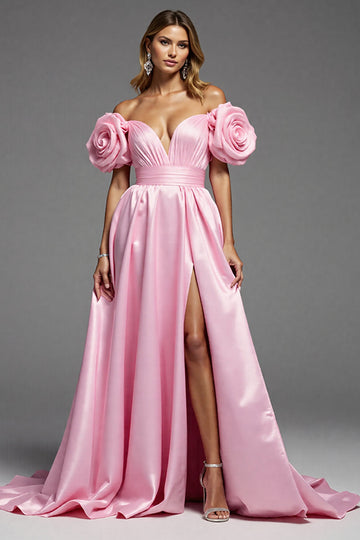 Robe longue de bal en satin rose florale une ligne avec fente